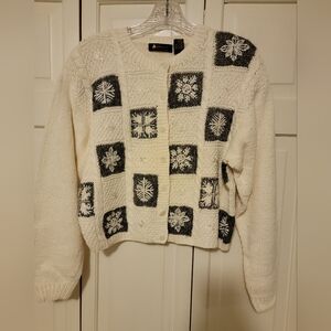 Lizsport Cream and Gray Button Up Patterned Cardigan Size L EUC